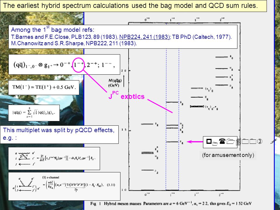 The earliest hybrid spectrum calculations used the bag model and QCD sum rules.