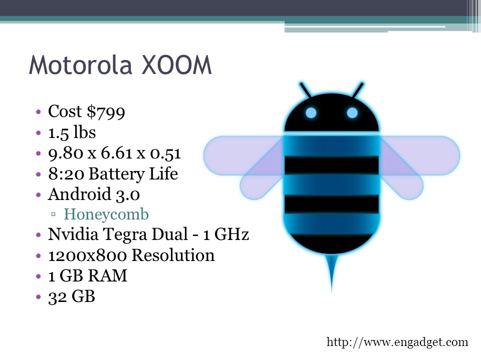 Motorola XOOM Cost $ lbs 9.80 x 6.61 x :20 Battery Life Android 3.0 ▫Honeycomb Nvidia Tegra Dual - 1 GHz 1200x800 Resolution 1 GB RAM 32 GB