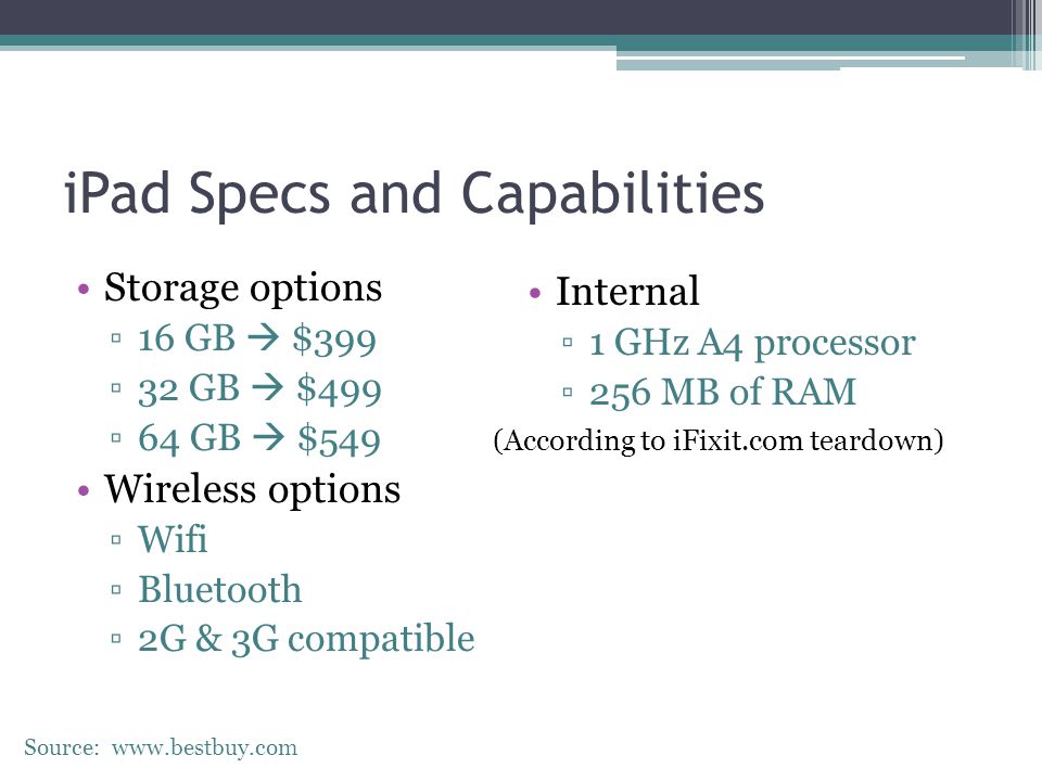 iPad Specs and Capabilities Storage options ▫16 GB  $399 ▫32 GB  $499 ▫64 GB  $549 Wireless options ▫Wifi ▫Bluetooth ▫2G & 3G compatible Internal ▫1 GHz A4 processor ▫256 MB of RAM (According to iFixit.com teardown) Source: