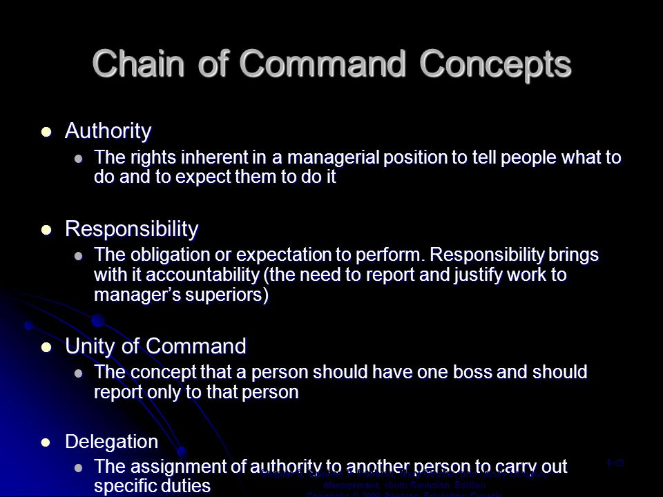 Chain of Command Concepts Authority Authority The rights inherent in a managerial position to tell people what to do and to expect them to do it The rights inherent in a managerial position to tell people what to do and to expect them to do it Responsibility Responsibility The obligation or expectation to perform.