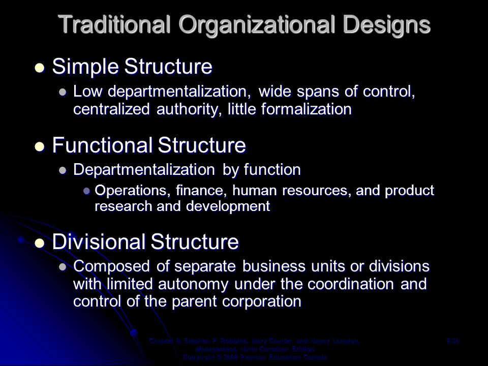 Traditional Organizational Designs Simple Structure Simple Structure Low departmentalization, wide spans of control, centralized authority, little formalization Low departmentalization, wide spans of control, centralized authority, little formalization Functional Structure Functional Structure Departmentalization by function Departmentalization by function Operations, finance, human resources, and product research and development Operations, finance, human resources, and product research and development Divisional Structure Divisional Structure Composed of separate business units or divisions with limited autonomy under the coordination and control of the parent corporation Composed of separate business units or divisions with limited autonomy under the coordination and control of the parent corporation Chapter 9, Stephen P.