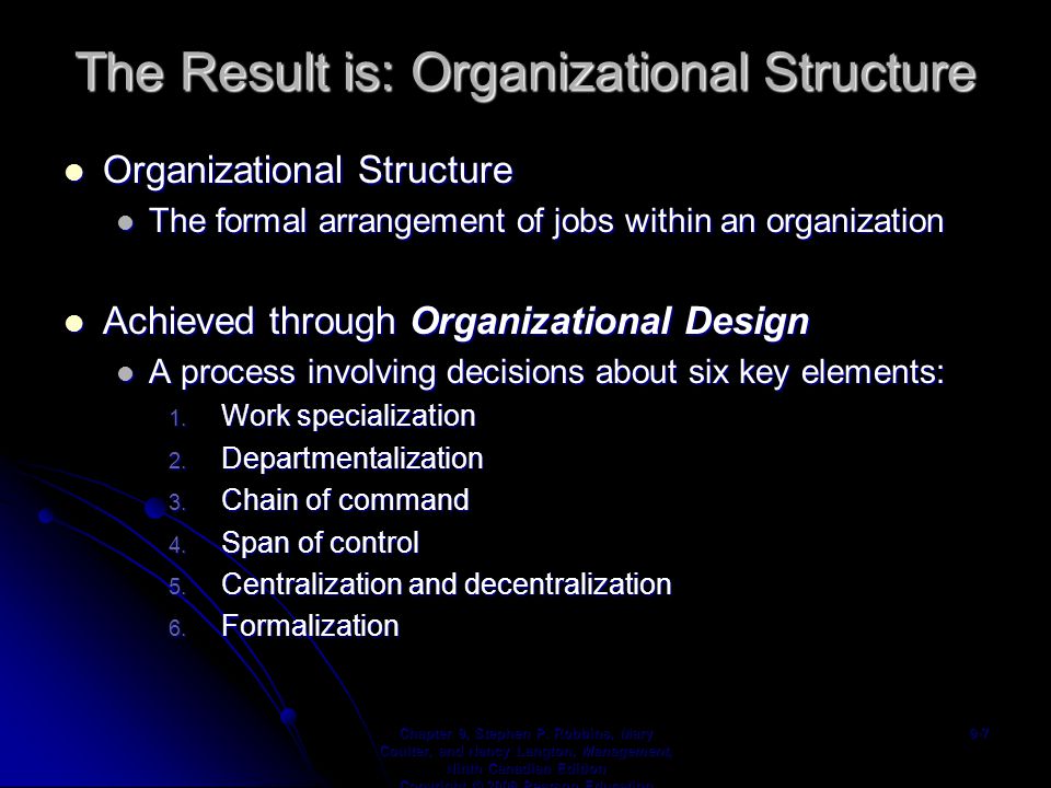 The Result is: Organizational Structure Organizational Structure Organizational Structure The formal arrangement of jobs within an organization The formal arrangement of jobs within an organization Achieved through Organizational Design Achieved through Organizational Design A process involving decisions about six key elements: A process involving decisions about six key elements: 1.