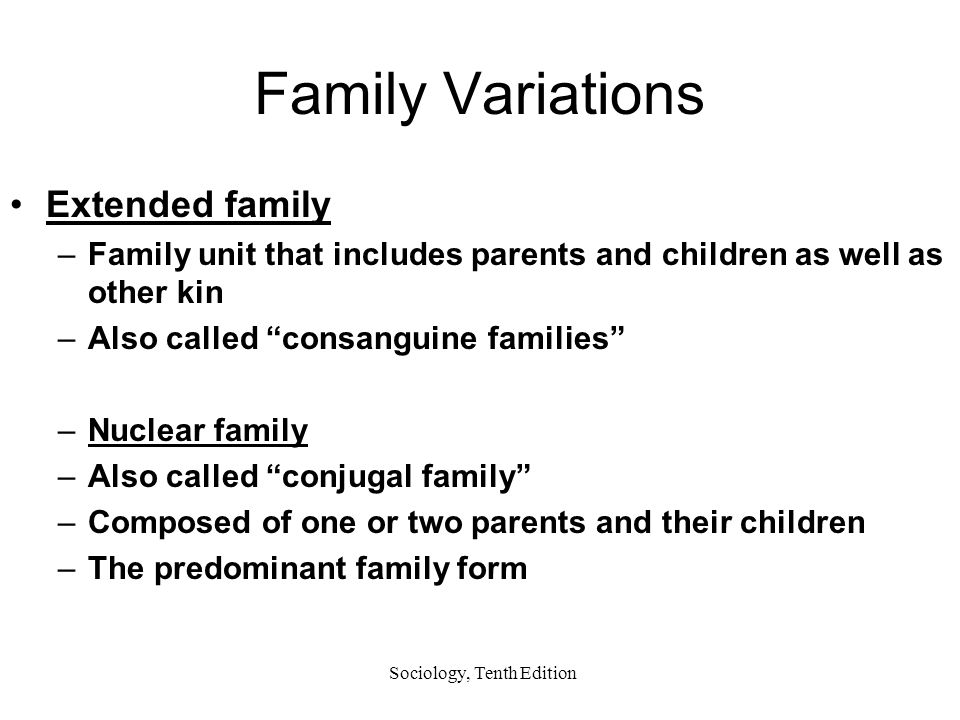 Sociology, Tenth Edition Family Variations Extended family –Family unit that includes parents and children as well as other kin –Also called consanguine families –Nuclear family –Also called conjugal family –Composed of one or two parents and their children –The predominant family form