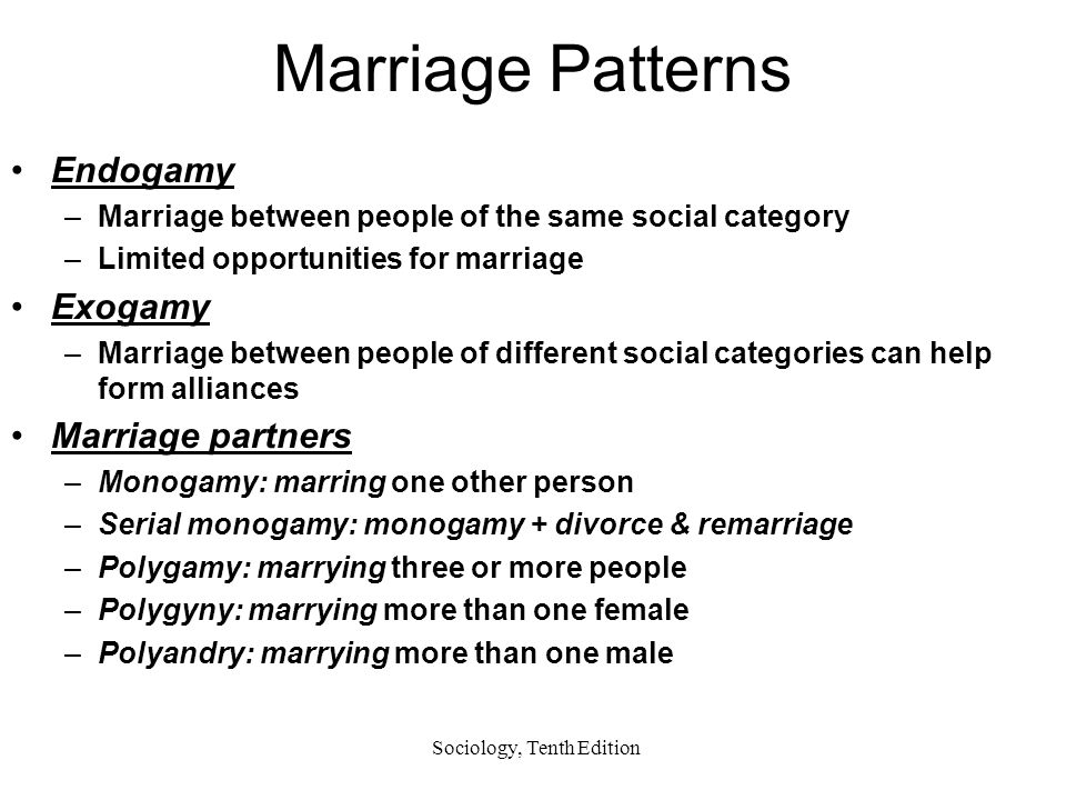 Sociology, Tenth Edition Marriage Patterns Endogamy –Marriage between people of the same social category –Limited opportunities for marriage Exogamy –Marriage between people of different social categories can help form alliances Marriage partners –Monogamy: marring one other person –Serial monogamy: monogamy + divorce & remarriage –Polygamy: marrying three or more people –Polygyny: marrying more than one female –Polyandry: marrying more than one male