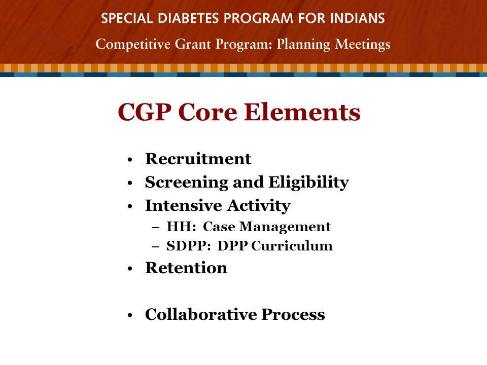 CGP Core Elements Recruitment Screening and Eligibility Intensive Activity –HH: Case Management –SDPP: DPP Curriculum Retention Collaborative Process