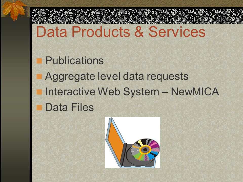 Data Products & Services Publications Aggregate level data requests Interactive Web System – NewMICA Data Files