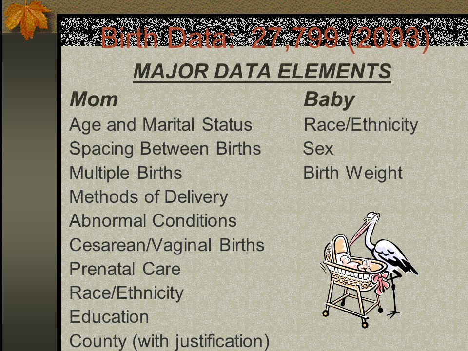 Birth Data: 27,799 (2003) MAJOR DATA ELEMENTS Mom Baby Age and Marital Status Race/Ethnicity Spacing Between Births Sex Multiple Births Birth Weight Methods of Delivery Abnormal Conditions Cesarean/Vaginal Births Prenatal Care Race/Ethnicity Education County (with justification)