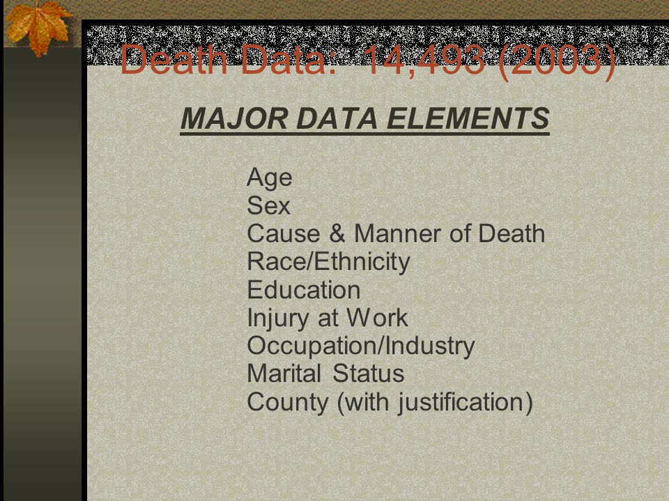 Death Data: 14,493 (2003) MAJOR DATA ELEMENTS Age Sex Cause & Manner of Death Race/Ethnicity Education Injury at Work Occupation/Industry Marital Status County (with justification)