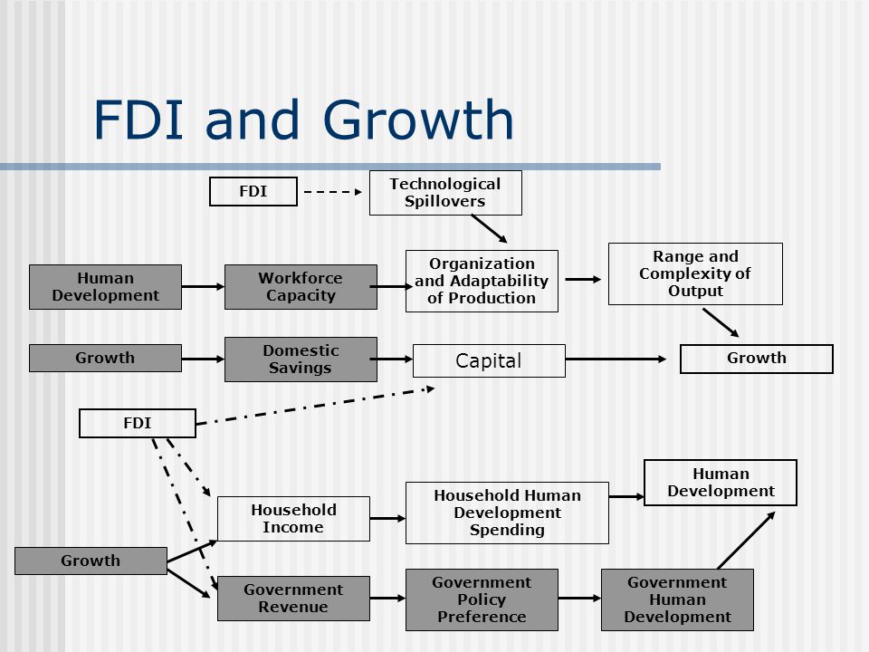 FDI and Growth FDI Human Development Growth Human Development Workforce Capacity Domestic Savings Government Human Development Government Revenue Government Policy Preference Capital Household Human Development Spending Household Income Technological Spillovers Range and Complexity of Output Organization and Adaptability of Production Growth