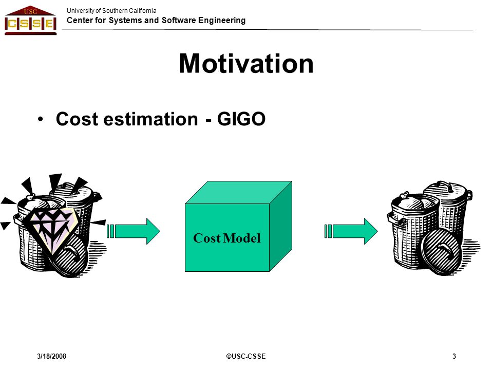University of Southern California Center for Systems and Software Engineering 3/18/2008©USC-CSSE3 Motivation Cost estimation - GIGO Cost Model
