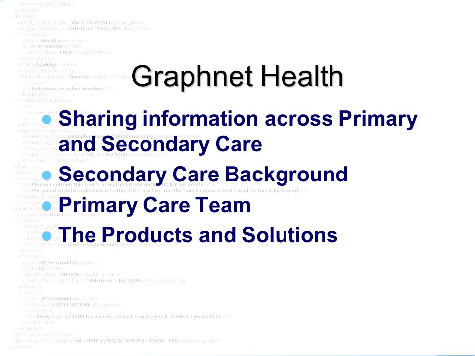 graphnet Graphnet Health Sharing information across Primary and Secondary Care Secondary Care Background Primary Care Team The Products and Solutions
