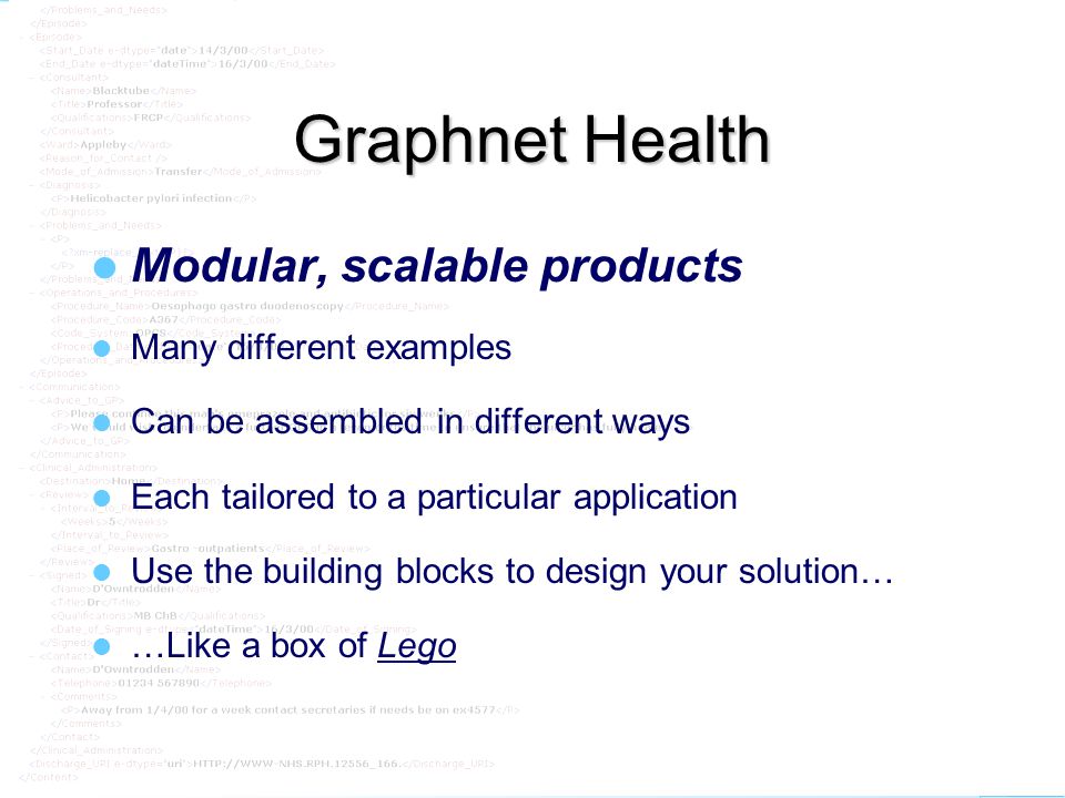 graphnet Graphnet Health Modular, scalable products Many different examples Can be assembled in different ways Each tailored to a particular application Use the building blocks to design your solution… …Like a box of Lego
