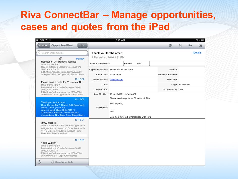 Riva ConnectBar – Manage opportunities, cases and quotes from the iPad