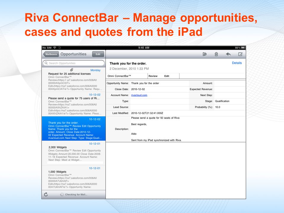 Riva ConnectBar – Manage opportunities, cases and quotes from the iPad