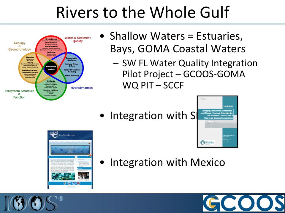 Rivers to the Whole Gulf Shallow Waters = Estuaries, Bays, GOMA Coastal Waters –SW FL Water Quality Integration Pilot Project – GCOOS-GOMA WQ PIT – SCCF Integration with SECOORA Integration with Mexico