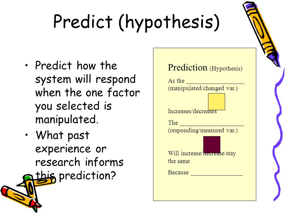 Predict (hypothesis) Predict how the system will respond when the one factor you selected is manipulated.