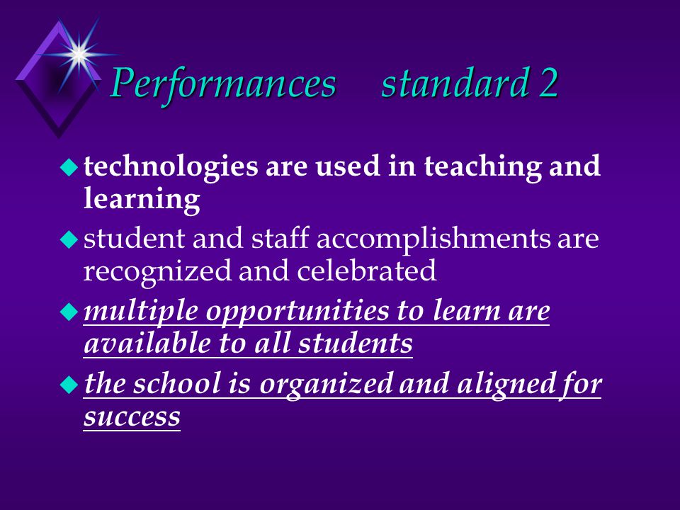 Performancesstandard 2 u technologies are used in teaching and learning u student and staff accomplishments are recognized and celebrated u multiple opportunities to learn are available to all students u the school is organized and aligned for success