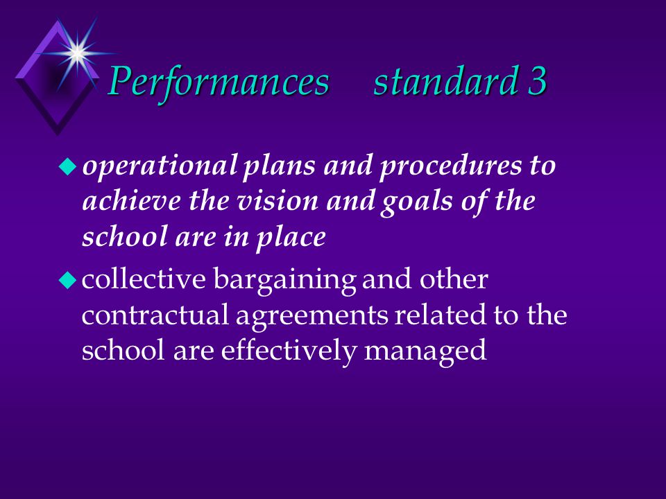 Performancesstandard 3 u operational plans and procedures to achieve the vision and goals of the school are in place u collective bargaining and other contractual agreements related to the school are effectively managed