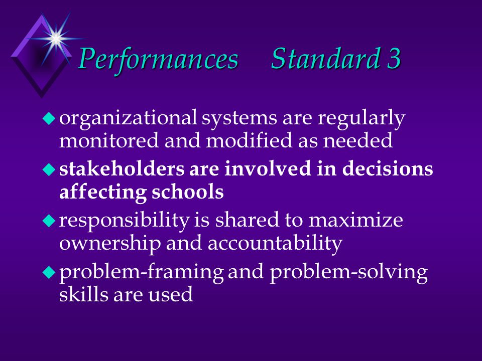 PerformancesStandard 3 u organizational systems are regularly monitored and modified as needed u stakeholders are involved in decisions affecting schools u responsibility is shared to maximize ownership and accountability u problem-framing and problem-solving skills are used