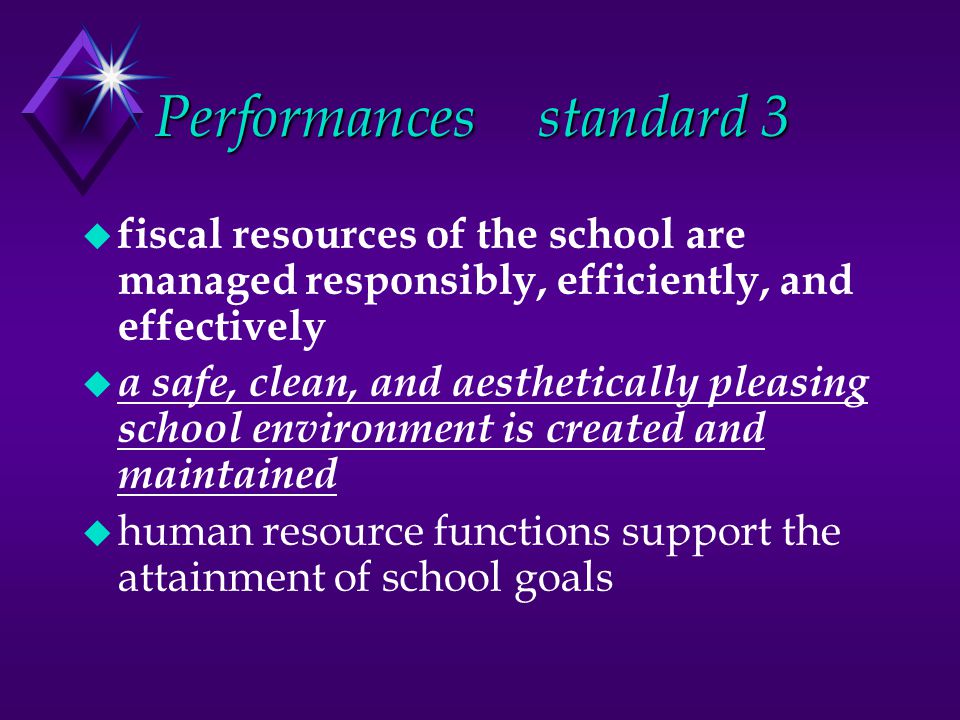 Performancesstandard 3 u fiscal resources of the school are managed responsibly, efficiently, and effectively u a safe, clean, and aesthetically pleasing school environment is created and maintained u human resource functions support the attainment of school goals