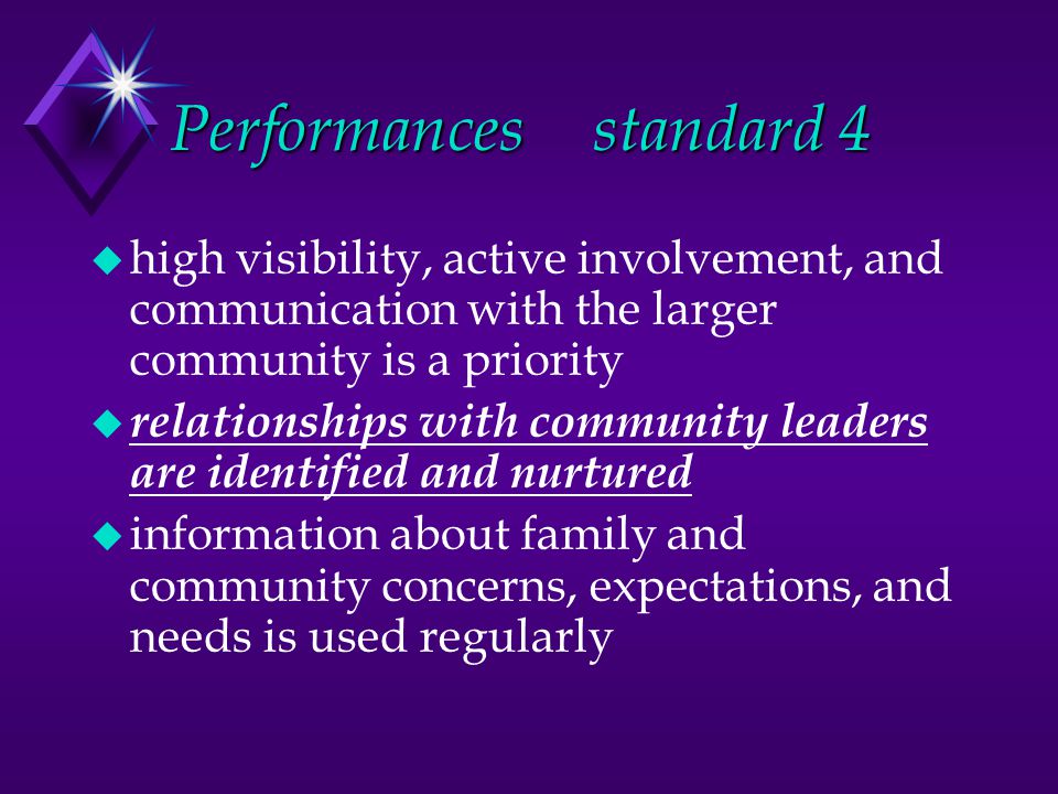 Performancesstandard 4 u high visibility, active involvement, and communication with the larger community is a priority u relationships with community leaders are identified and nurtured u information about family and community concerns, expectations, and needs is used regularly