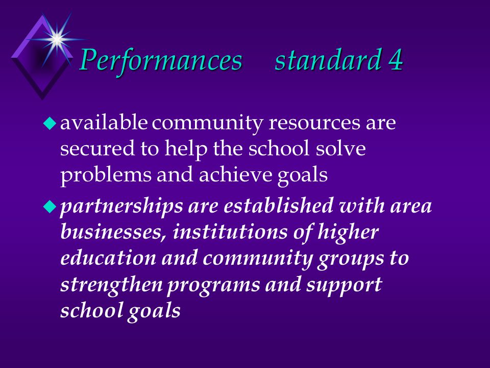 Performancesstandard 4 u available community resources are secured to help the school solve problems and achieve goals u partnerships are established with area businesses, institutions of higher education and community groups to strengthen programs and support school goals
