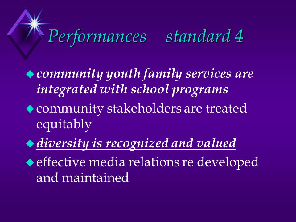 Performancesstandard 4 u community youth family services are integrated with school programs u community stakeholders are treated equitably u diversity is recognized and valued u effective media relations re developed and maintained