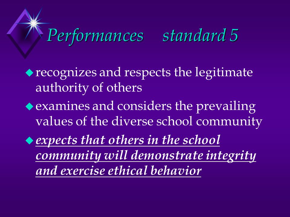 Performancesstandard 5 u recognizes and respects the legitimate authority of others u examines and considers the prevailing values of the diverse school community u expects that others in the school community will demonstrate integrity and exercise ethical behavior