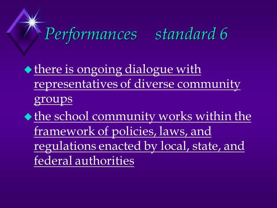 Performancesstandard 6 u there is ongoing dialogue with representatives of diverse community groups u the school community works within the framework of policies, laws, and regulations enacted by local, state, and federal authorities