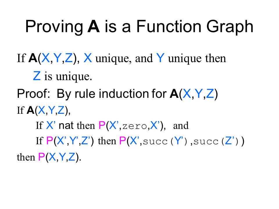 Proving A is a Function Graph If A(X,Y,Z), X unique, and Y unique then Z is unique.