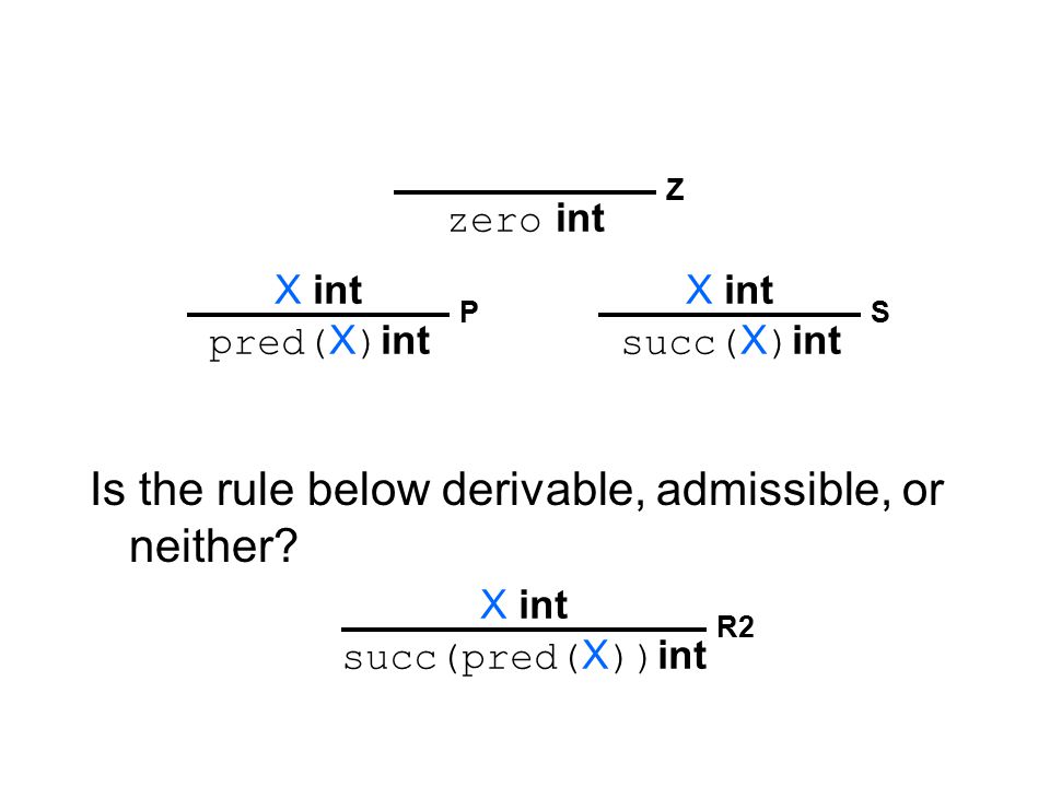 succ( X ) int X int S zero int Z pred( X ) int X int P Is the rule below derivable, admissible, or neither.