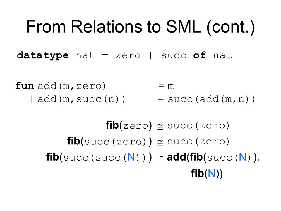 From Relations to SML (cont.) fib( zero )  succ(zero) fib( succ(zero) )  succ(zero) fib( succ(succ( N )) )  add(fib( succ( N ) ), fib(N)) datatype nat = zero | succ of nat fun add(m,zero) = m | add(m,succ(n)) = succ(add(m,n))