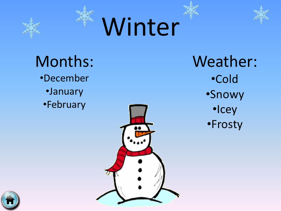 Winter Months: December January February Weather: Cold Snowy Icey Frosty