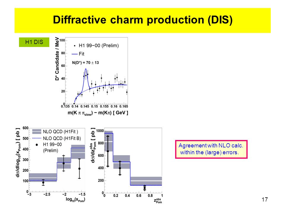 17 x Diffractive charm production (DIS) H1 DIS Agreement with NLO calc. within the (large) errors.