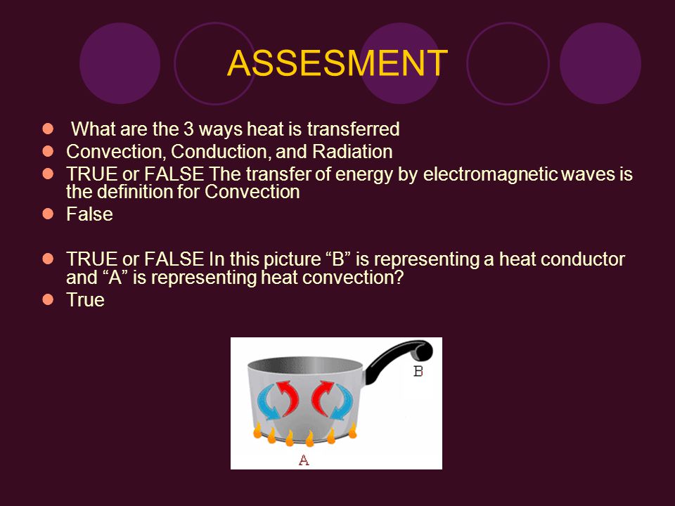 ASSESMENT What are the 3 ways heat is transferred Convection, Conduction, and Radiation TRUE or FALSE The transfer of energy by electromagnetic waves is the definition for Convection False TRUE or FALSE In this picture B is representing a heat conductor and A is representing heat convection.