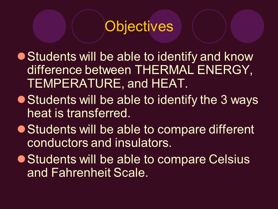Objectives Students will be able to identify and know difference between THERMAL ENERGY, TEMPERATURE, and HEAT.
