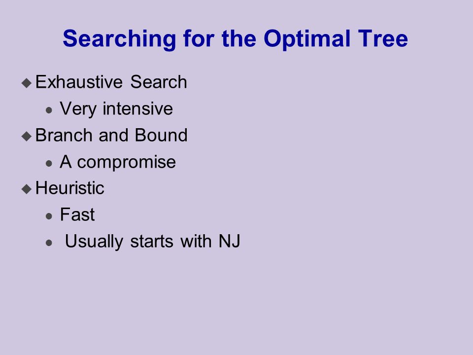 Searching for the Optimal Tree u Exhaustive Search l Very intensive u Branch and Bound l A compromise u Heuristic l Fast l Usually starts with NJ