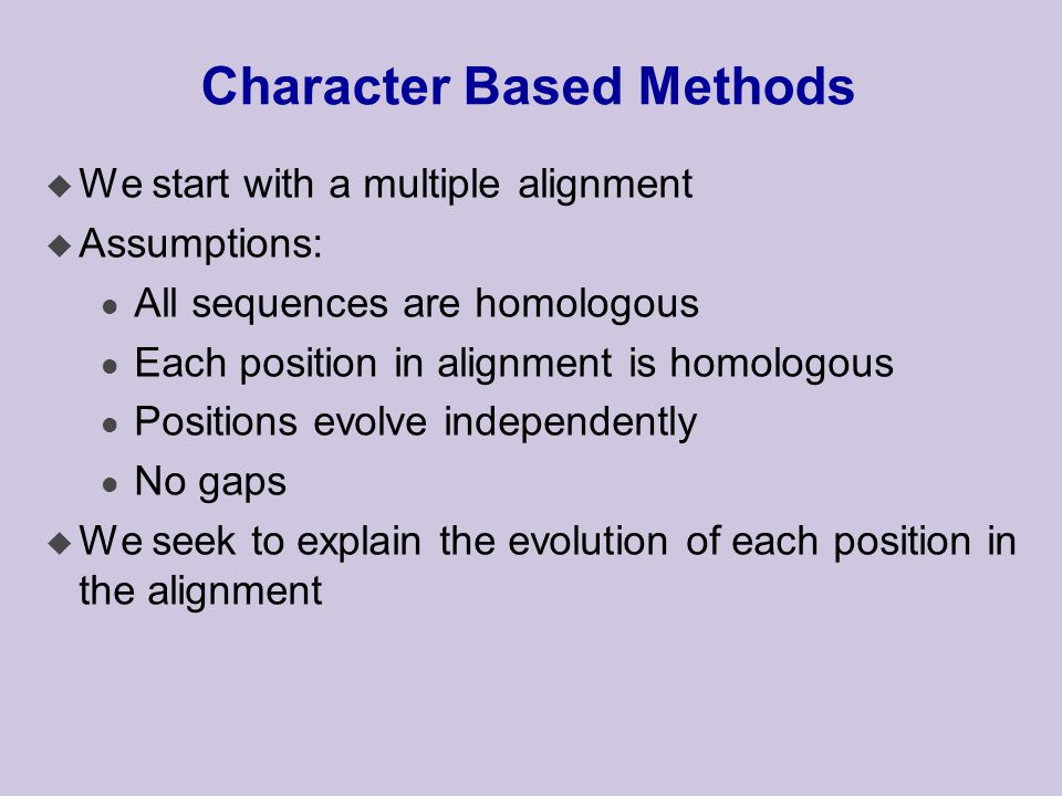Character Based Methods u We start with a multiple alignment u Assumptions: l All sequences are homologous l Each position in alignment is homologous l Positions evolve independently l No gaps u We seek to explain the evolution of each position in the alignment