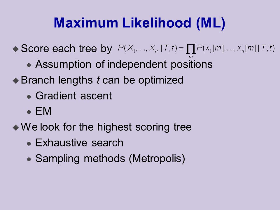 Maximum Likelihood (ML) u Score each tree by l Assumption of independent positions u Branch lengths t can be optimized l Gradient ascent l EM u We look for the highest scoring tree l Exhaustive search l Sampling methods (Metropolis)