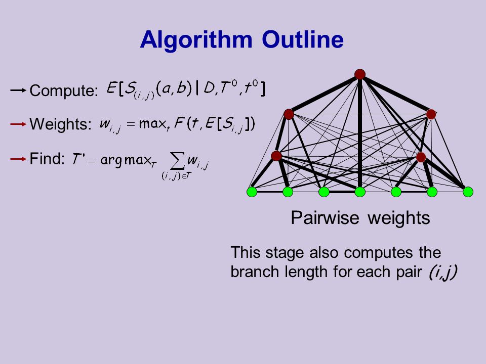 Pairwise weights This stage also computes the branch length for each pair (i,j) Algorithm Outline Compute: Weights: Find: