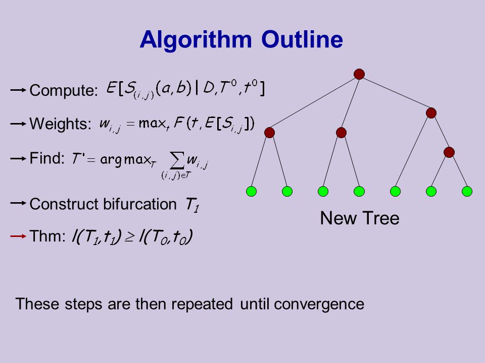 New Tree Thm: l(T 1,t 1 )  l(T 0,t 0 ) Algorithm Outline Compute: Construct bifurcation T 1 Find: Weights: These steps are then repeated until convergence