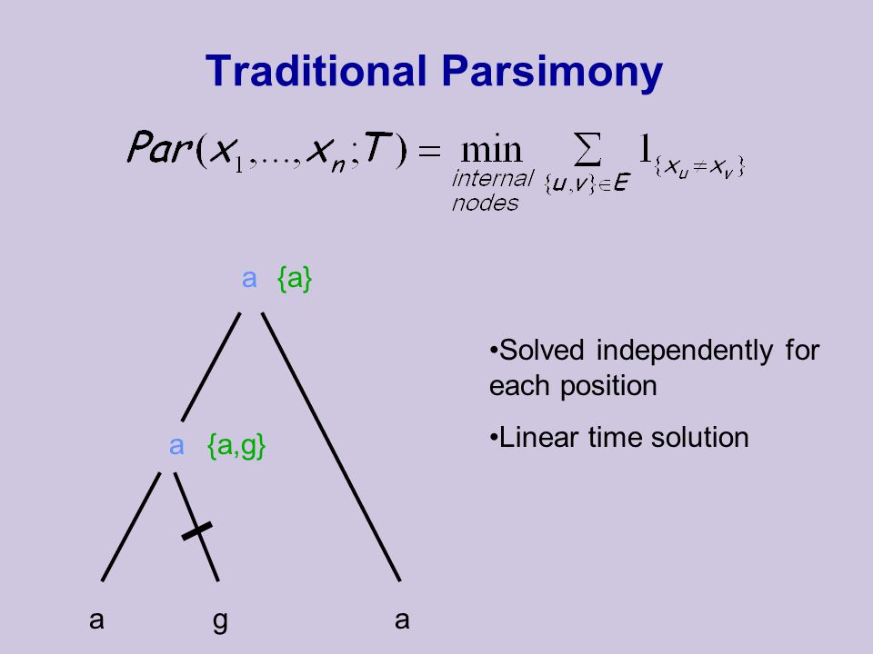 Traditional Parsimony aga {a,g} {a} Solved independently for each position Linear time solution a a