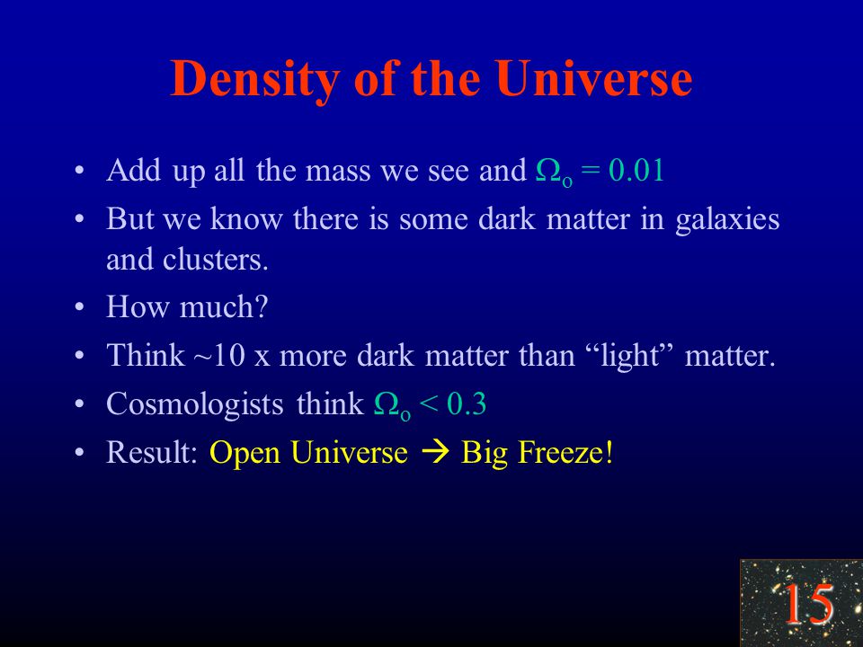 15 Density of the Universe Add up all the mass we see and  o = 0.01 But we know there is some dark matter in galaxies and clusters.