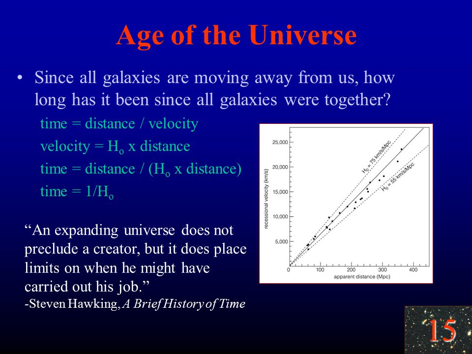 15 Age of the Universe Since all galaxies are moving away from us, how long has it been since all galaxies were together.