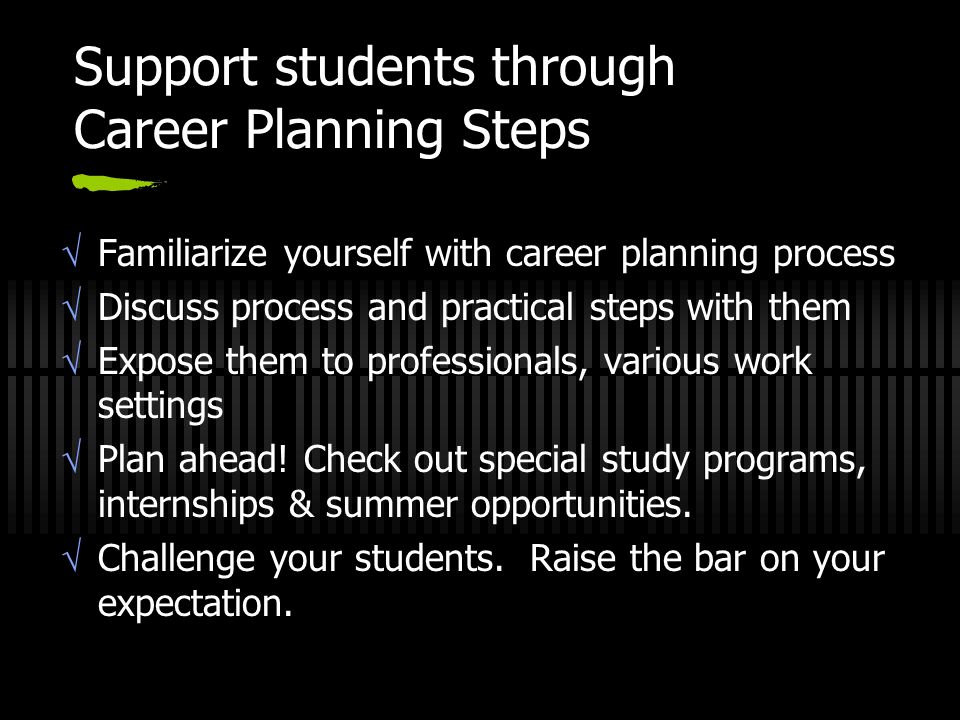 Support students through Career Planning Steps  Familiarize yourself with career planning process  Discuss process and practical steps with them  Expose them to professionals, various work settings  Plan ahead.