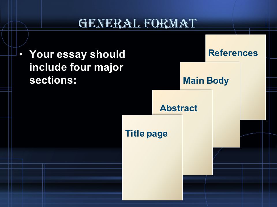 General Format Your essay should include four major sections: References Main Body Abstract Title page