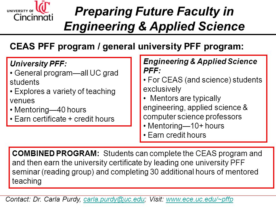 CEAS PFF program / general university PFF program: University PFF: General program—all UC grad students Explores a variety of teaching venues Mentoring—40 hours Earn certificate + credit hours Engineering & Applied Science PFF: For CEAS (and science) students exclusively Mentors are typically engineering, applied science & computer science professors Mentoring—10+ hours Earn credit hours Contact: Dr.