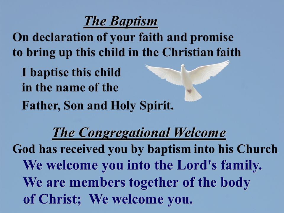 The Baptism On declaration of your faith and promise to bring up this child in the Christian faith I baptise this child in the name of the Father, Son and Holy Spirit.