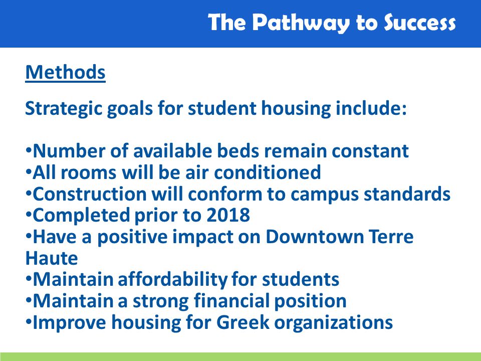 The Pathway to Success Methods Strategic goals for student housing include: Number of available beds remain constant All rooms will be air conditioned Construction will conform to campus standards Completed prior to 2018 Have a positive impact on Downtown Terre Haute Maintain affordability for students Maintain a strong financial position Improve housing for Greek organizations