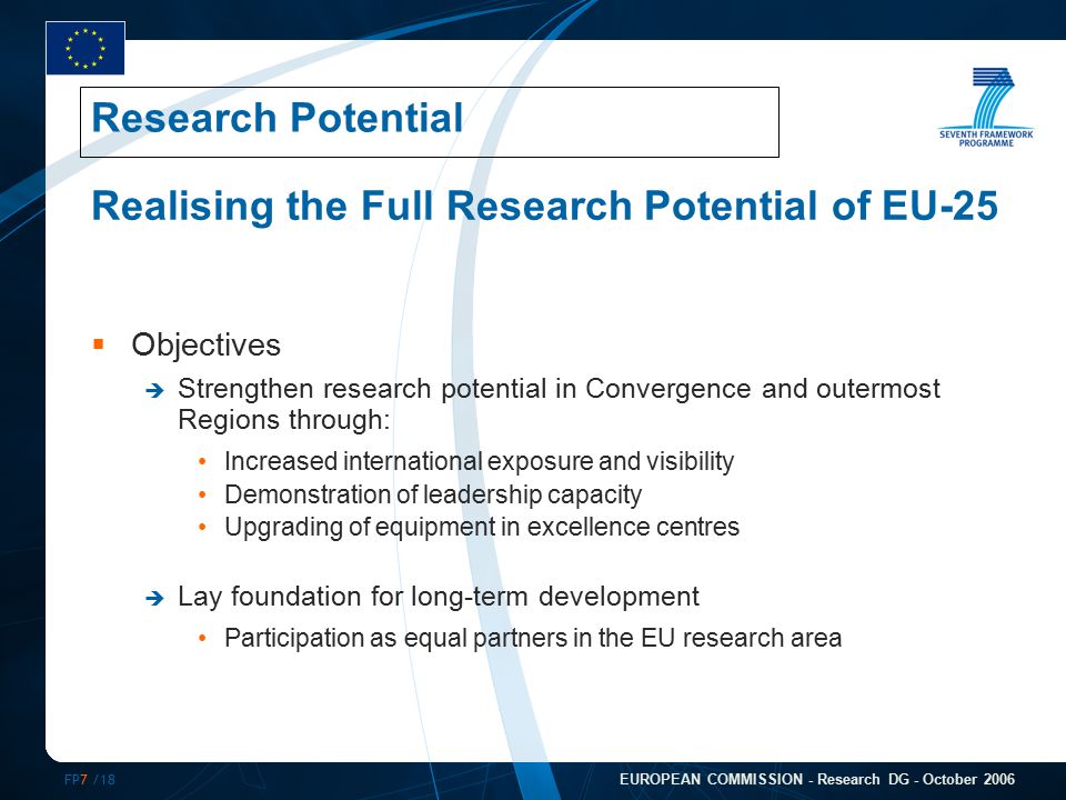 FP7 /18 EUROPEAN COMMISSION - Research DG - October 2006 Realising the Full Research Potential of EU-25  Objectives  Strengthen research potential in Convergence and outermost Regions through: Increased international exposure and visibility Demonstration of leadership capacity Upgrading of equipment in excellence centres  Lay foundation for long-term development Participation as equal partners in the EU research area Research Potential
